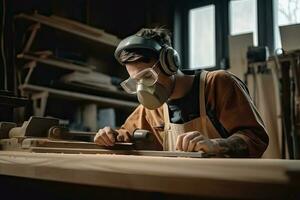 ung man snickare bär en damm mask fabrik arbetare skicklig snickare skärande trä i hans träbearbetning verkstad med kopia Plats foto