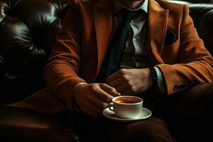stänga upp. ung man i arbete kläder med varm kaffe i en Kafé foto