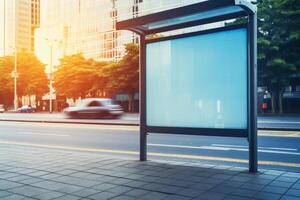 en buss sluta med en stor tom anslagstavla på de trottoar med generativ ai foto