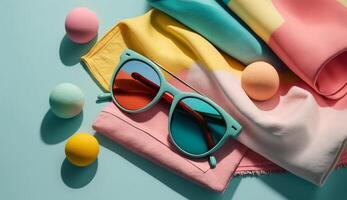 strand handduk och solglasögon i sommar begrepp med generativ ai foto
