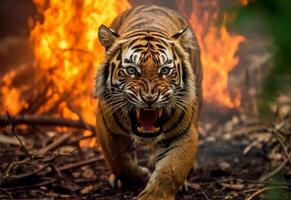 en poträtt av fattig tiger utseende ledsen och galen påfrestande till ge sig på på brinnande skog ai genererad foto