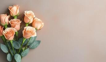 bukett blommor av ro flatlay med stor tömma enkel pastell bakgrund för text attrapp ai genererad foto