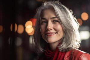 en Lycklig ung kvinna med grå hår i de stil av slät och polerad med generativ ai foto