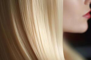 en skön blond hår med hetero lång ränder i de stil av slät och polerad med generativ ai foto