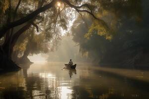 fiskare i en båt på de flod med dimmig träd. ai genererad foto