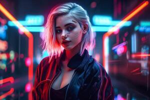 en flicka med blond hår står i främre av neon lampor. ai genererad foto
