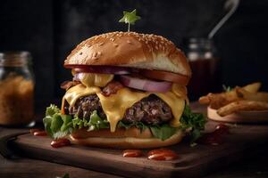 en burger med bacon, ost, och lök på Det. ai genererad foto