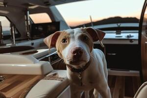 en hund på en båt ser på de kamera. ai genererad foto
