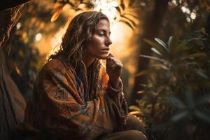 en kvinna sitter i en skog med de Sol lysande på henne ansikte. ai genererad foto