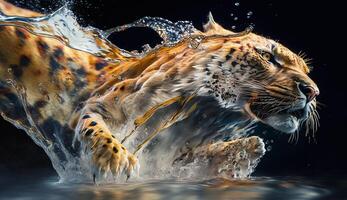 en tiger stänk vatten på en svart bakgrund. ai genererad foto