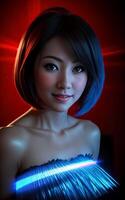 skön asiatisk kvinna med blandad Färg blå och röd ljus, generativ ai foto