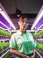 skön kvinna på led vertikal jordbruk växt, generativ ai foto