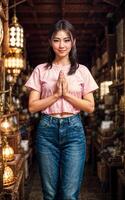 asiatisk kvinna do sawasdee eller bön utgör på de marknadsföra, generativ ai foto