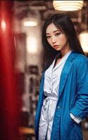 forskare forskare asiatisk kvinna bär labb täcka på laboratorium, generativ ai foto