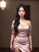 porträtt av skön asiatisk kvinna bär klänning på natt, generativ ai foto