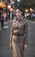 skön asiatisk thailand polis kvinna på gata, generativ ai foto
