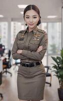 porträtt av skön thai asiatisk polis kvinna bär enhetlig, generativ ai foto