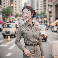 skön asiatisk thailand polis kvinna på gata, generativ ai foto