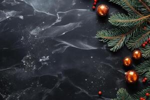jul dekoration, jul lampor med gran grenar på en svart texturerad bakgrund. generativ ai foto