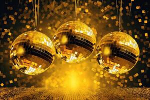 disko bollar bild i guld på gyllene bakgrund. generativ ai foto