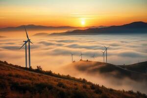 vind turbiner i de bergen på solnedgång. generativ ai foto