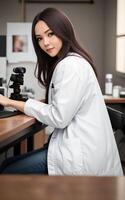 asiatisk kvinna forskare forskare bär labb täcka, generativ ai foto