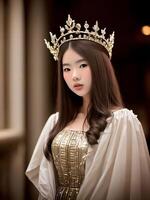 skön Tonårs asiatisk kvinna klänning som en prinsessa på hus lägenhet, generativ konst förbi ai foto