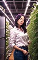 skön kvinna på led vertikal jordbruk växt, generativ ai foto