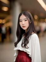 skön Tonårs asiatisk kvinna inlägg för bild på de köpcenter, generativ konst förbi ai foto