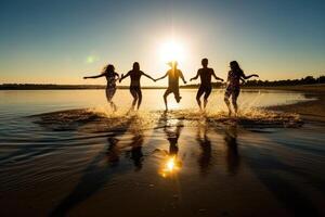 ung grupp av människor Hoppar in i de luft på strand. generativ ai foto