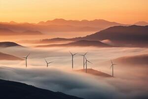 vind turbiner i de bergen på solnedgång. generativ ai foto