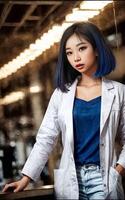 forskare forskare asiatisk kvinna bär labb täcka på laboratorium, generativ ai foto