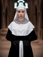 skön nunna kvinna på kyrka, generativ ai foto