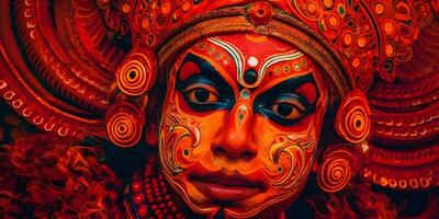 de yam ansikte traditionell smink, konst från Kerala, Indien. bakgrundsbilder. ai genererad foto