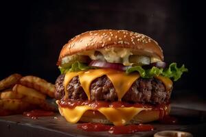 ost burger - amerikan ost burger med gyllene franska frites och ketchup. ai genererad foto