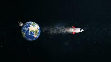 3d framställa raket jet flyga från jord värld planet och måne på galax Plats 3d illustration bakgrund foto