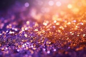 ai generativ. guld och lila glitter lampor, defocused bakgrund foto