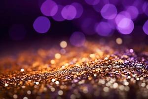 ai generativ. guld och lila glitter lampor, defocused bakgrund foto