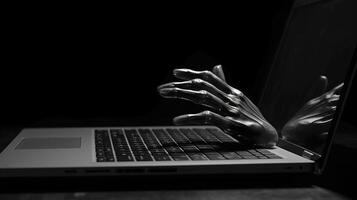 närbild svart hand på bärbar dator tangentbord på skrivbord illustration, mörk bakgrund. generativ ai. foto