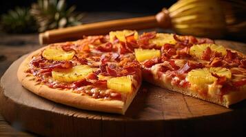 utsökt pizza med ananas, bacon skiva, mozzarella ost, sås på trä- bakgrund för snabb mat och redo till äta begrepp. generativ ai. foto