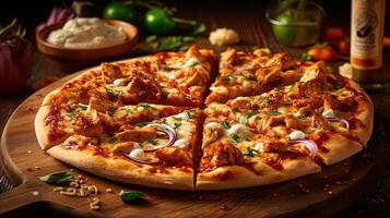 hela bbq kyckling pizza på trä- fräs styrelse för snabb mat och redo till äta begrepp. generativ ai. foto