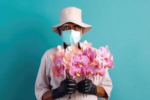 beskurna bild av äldre indisk manlig blomsterhandlare bär mask, hatt och innehav orkide blommor. generativ ai. foto