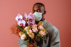 beskurna bild, sida se av afrikansk man i skyddande mask och innehav bukett av blandad blommor. generativ ai. foto