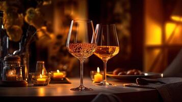 två glas av vin med belysa ljus på dining tabell för romantisk middag illustration. generativ ai. foto