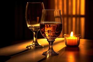 två glas av vin med belysa ljus på tabell på mörk illustration. generativ ai. foto
