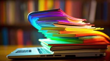 skinande färgrik stack av böcker Sammanträde på topp av bärbar dator på skrivbord illustration. e-learning begrepp. generativ ai teknologi. foto