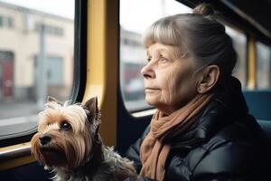 äldre kvinna rider de buss med henne hund på offentlig transport. generativ ai foto