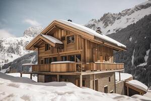 en berg lyx hotell, en åka skidor hotell mot en bakgrund av snötäckt berg. generativ ai foto