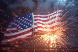 patriotisk anda av de förenad stat med ett amerikan flagga vecklas ut mot bakgrund av fyrverkeri fira oberoende dag generativ ai. foto