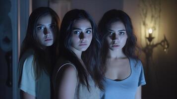 tre skrämd flickor försiktigt utforska de vagt belyst mystisk hus. oundviklig mardrömmar. generativ ai foto